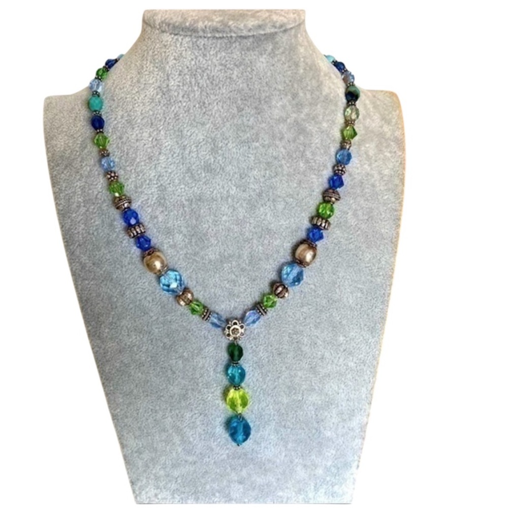 Artisan 925 Silver Turquoise Cobalt Blue Swarovski Crystal Beaded Necklace NEW